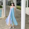 Vestidos casuais vestido de suspensório de bloqueio de cor dopamina para o verão feminino, estilo francês deslumbrante à beira -mar exclusivo de retalhos