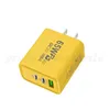 65W Charger USB 3 ports PD 3.0 Type C Chargeur jaune de charge rapide Chargeur rapide QC3.0 Chargeur mural de téléphone mobile pour iPhone Samsung Xiaomi Universal Smartphone