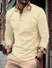 Spring and Autumn Mens Casual Business Long Sleeved Polo Shirt Fashion Plaid Stripe Cuff Breathable 240418