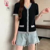 Malha feminina gelo seda elegante suéter malha para mulheres Cardigans T-shirt 2024 Summer Summer Manga curta Moda vintage de peito único em V