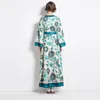 Vestidos casuais 2024 Moda Lemon Tree Dress Dress Holiday Stand Stand Collar Flare Sleeve Floral Print Lace Up Belt Robe Maxi vestidos