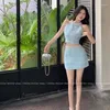 Robes de travail Sweet Girl Suit Women's Summer Blue Bouded Diamonds Halter Neck Top Top High Mini jupe Twipt Set Female Vêtements