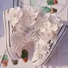 Fitness Shotes Womens Rhinestones Flowers Casual Lace Up Sneakers High Top Sweet Wedge Hidden Heel White C771