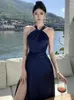 Vestidos informales Blue Slim Halter Backless High Split Maxi Mujer Mujer elegante Pleated Sexy Birthday Party Long 2024 Summer Fashion