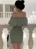 Sıradan Elbiseler 2024 Yeşil Zarif Pileli Fırlatılmış Sling Mini Elbise Yaz Sırtsız Seksi Bodycon Prom Giysileri Kadın Pembe Lüks Parti