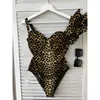 Sexy One Shoulder Ruffle Swimsuit Leopard Print Swimwear Women V Neck Bathing Suit Beachwear Monokini Female 240409