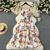 2024 Casual Dresses Summer Runway Beach Spaghetti Strap Dress Women's V-neck Sleeveless Cup Padded Flower Print Holiday Party Vestidos Sundress