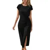 Casual Dresses Multi Colored Women'S Short Sleeved Twisted Split Dress Long Knitted Fashionable And Simple For Female