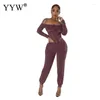 Kvinnors tvåbitar byxor Kvinnor 2024 Slim Long Jumpsuit Off Axel Kvinnlig full ärm 1 byxa Set Hollow Out Sport Fashion Clothes