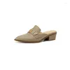 Slippers Summer Femmes Mules Chaussures en cuir authentiques pour couverture Toe Talage épais Sandales beige fleur de fleur