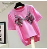 Kvinnors T-skjortor Crystal-Studded paljetter Tvådelar Set Top Tshirt 2024 Summer Korean Style Solid Color Round Neck Kort ärm T-shirt