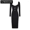 Casual Dresses S-XL Two Colors High Quality Fashion Solid Elastic Knitted Fabric Bra Button Sexy Slim Fit Temperament Women's Dress