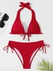Swimwear Womens 2024 Halter String Two pezzi Set di bikini femminile da bagno femmina Sur solidi bagni da bagno Summing Abbigliamento da spiaggia Summer Summer