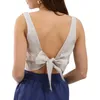 Women's Tanks Camis Chic 100% Linen Tank Tops 2024 Summer Slveless Back Tie Bow Harajuku Basic Female Top For Girls Camisole Femme Y240420