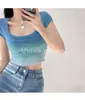 Women's T Shirts Summer TVVovvin 2024 Fashion Square Neck Gradient Knit Underlay Shirt for Women Slim and Short Cut Open Navel 2EF2