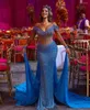 Partykleider Fashion Farkly Mermaid Evening Kleid sexy blaue Sonnener Beads Tunika Prom Diamonds Sweep Zug Spezielle Anlässe Kleider