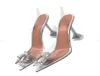 2021 Дизайнерские женщины одеваются обувь хрустальная прозрачная солнцезащитная пряжка с пряжкой бабочка сандалии сияние каблуки тонкая штуковина свадебная обувь slin1309204