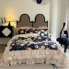 寝具セットフレンチレトロバラセットラグジュアリーヴィンテージフラワープリントフリルロマンコットン羽毛布団カバーベッドシートと枕カバー