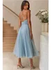 Casual Dresses Chicheca Strapless Halter Summer Women Party Tulle Dress Sexy Mesh Sleeveless A-line Pleated Backless Elegant De Fiesta