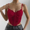 Kvinnors tankar Camis Vemina Sexig Vneck Lace Embroidery Hollow Out Spaghetti Strap Slim Crop Topshr Halter Backless Camisole Vest Fishbone Corset Y240420