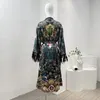 Casual Dresses 2024 Spring Summer Green Floral Print Long Sleeve Diamonds Pressed V-Neck Belt Feather Wrap Kaftan Midi Dress