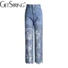 Dames jeans dames 2024 zomer mode elegant kanten stiksel hoge taille rechtdoor alle match lange blauwe denim broek