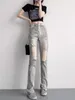 Jeans pour femmes pantalons droits de taille haute de taille femme sexy slim fit trou de conception vintage pantalon de jean décontracté printemps d'été
