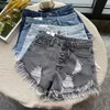 Women's Shorts High Waist Tassel Hole Denim Shorts Female 2024 Summer New Korean Version Raw Edge Wide Leg Loose Plus Size Jean Shorts Women Y240420