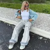 Kvinnors jeans retro Multi-fickan för kvinnor Lossa fast färg Hög midja lastbyxor Bred ben Streetwear Spring Summer Female