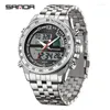 腕時計サンダ3307メンズファッションエレガントな多機能ビジネスラウンド電子クォーツデュアルディスプレイステンレス鋼ストラップ