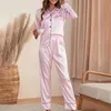 Autumn Pajamas Set Women Satin Silk Sleepwear Long Sleeved Love Printed Lapel Pyjamas Female Fashion Loungewear Home Ches 240410