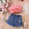 Kids princess clothes sets girls tiered falbala suspender tops with beaded hole denim shorts 2pcs summer children outfits Z7798