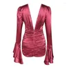 Casual Dresses MSMUSI 2024 Fashion Women Sexy V Neck Satin Fold Ruffles Flare Long Sleeve Bodycon Party Club Event Slim Mini Dress Vestidos