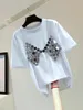 Kvinnors T-skjortor Crystal-Studded paljetter Tvådelar Set Top Tshirt 2024 Summer Korean Style Solid Color Round Neck Kort ärm T-shirt