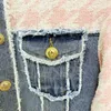 EST Designer Cost Set Boutons Lion Fomens Lion Houndstooth Tweed Denim Patchwork Tassel Frdged Veste mini jupe 2pcs 240408