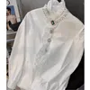 Women's Blouses 2024 Women Shirts French Vintage Blouse Spring Button Up Shirt Pointed Collar Long Puff Sleeve Pearl Slim White Tops