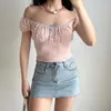 Frauen T-Shirts Go Girl Homemade rosa Spitzenmuster Falten großer U-Neck-T-Shirt weibliche Sommer-Puffärmel schlanker kurzärmelige Tops