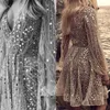 New 2024 Spring/Summer Women's Long Sleeved Deep V Midskirt Perspective Sequin Dress