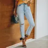 Kvinnors jeans denim för kvinnor -knapp rippade gatastil smal passformad bedrövad stretchig byxor dagligen liv