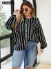 Gibsie Plus Boyut Kadın Gömlek 2023 Çizgili Uzun Kollu Düğme Up Bluz Büyük Bahar Sonbahar Sonbahar Kore Tops 240419