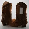 Boots Vintage Winter Autumn Chunky High Heels Botines Suede Leather Woman Mid-calf Fringe Bota Feminina Red Black Cowboy