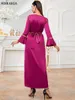 Casual Dresses Abaya Dubai Woman 2024 Elegant V Neck Diamonds Party Dress Ruffle Long Sleeve Solid A Line Maxi Islam Robe With Belt