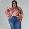 Somo plus size mode kvinnor rund hals öppen rygg chiffong spetsar upp långärmad gradient tryck topp grossist droppe 240419