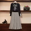 Work Dresses Plus Size 2024 Autumn Knitted Sweaters 2 Piece Set Womens Lace-up Bow Pullover Tops Striped Long Skirt Two Knit Suit