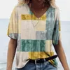 Vintage Plaid Print Womens Tshirt 2023 Blus Summer Vneck Casual Short Sleeve Tees Kvinnliga överdimensionerade toppar Dagliga kläder 240419
