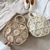 Drawstring Handmade Summer Beach Women Straw Shoulder Bag Ladies Round Hollow Travel Daily Woven Handbag Holiday Knit Cotton Linen Totes