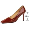 Отсуть обувь Bigtree Square Toe Women Pumps Patent Leather High Heels Stilettos Career Office Sexy Party 8.5см