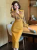 Sukienki swobodne elegancka moda sukienka bankietowa damskie ubrania profesjonalne formalne żółte jasne cekiny szatę biznesową onsolę jesień