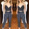 Sommarkvinnor 2024 Tryckt sexig rem Deep V Open Navel Plaid Casual Crop Pant Set