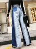 Femmes hautes jeans Patwork Streetwear Streetwear Denim Pantalon Colorde Colorblock Patchwork Raw Trim large Pantalon Jeans Denim 240409